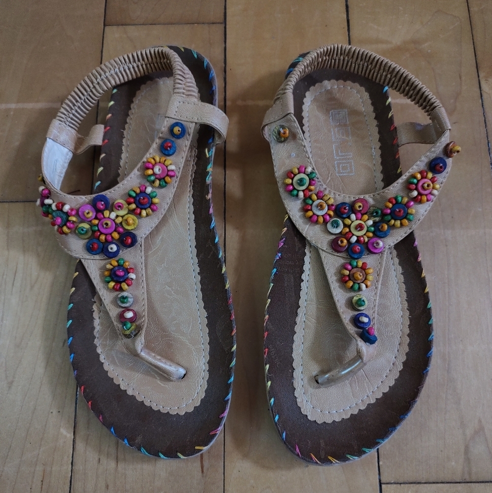 Women's Tan Wooden Beaded Thong Sandals